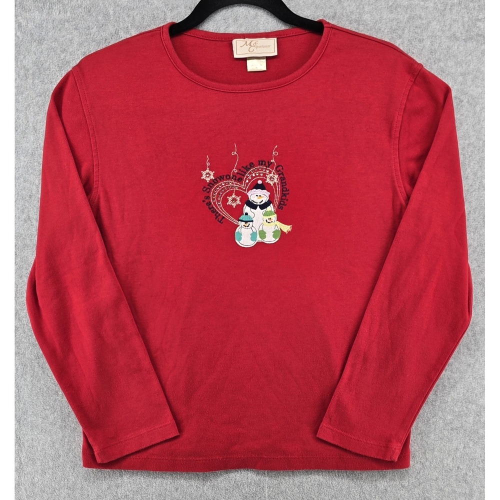Vtg M & C Love Grandma Christmas Top Women PL Petite Red Embroidered Snowman Y2K